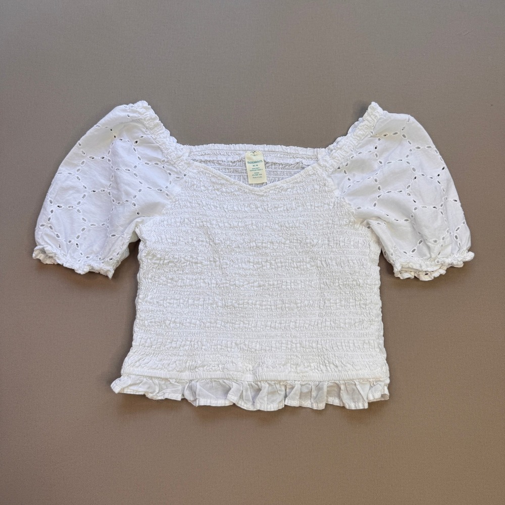 Thereabouts Girls XL 16 White Smocked Eyelet Puff Sleeve Ruffle Hem Top